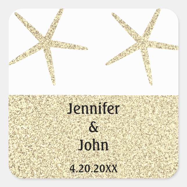 Starfish Tropical Gold Glitzer White Wedding Niedl Quadratischer Aufkleber (Vorderseite)