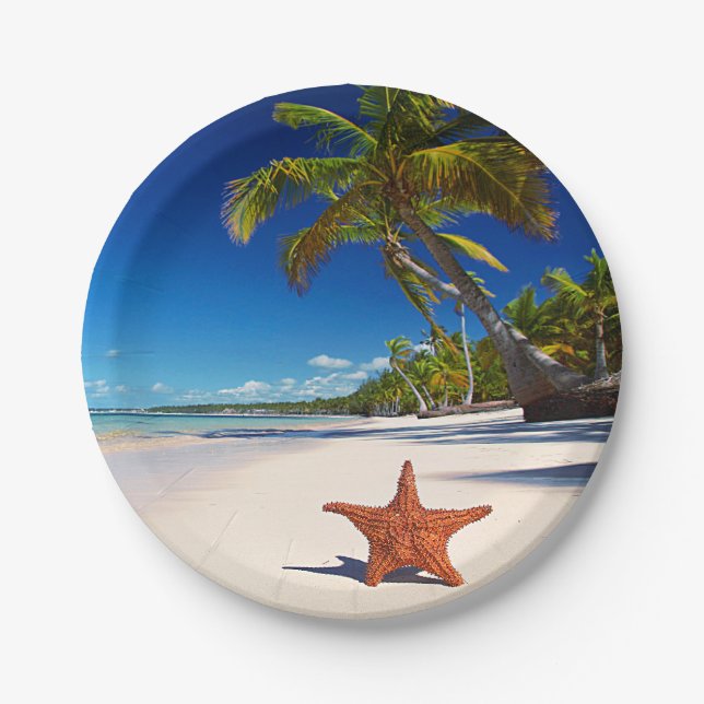 Starfish-tropische Sandy-Strand-Palme-Insel Pappteller (Vorderseite)