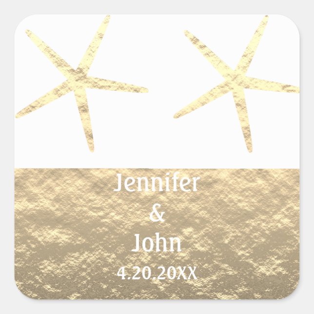 Starfish Tropisches Gold Silver White Custom Weddi Quadratischer Aufkleber (Vorderseite)