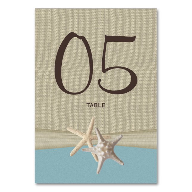 Starfish und Burlap Blue Tischnummer Card (Vorderseite)