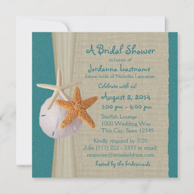 Starfish und Burlap Look Aquamarines Brautparty Einladung (Vorderseite)