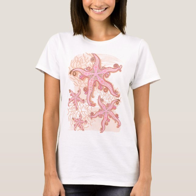 Starfish und korallenrotes rosa Pastellmuster T-Shirt (Vorderseite)