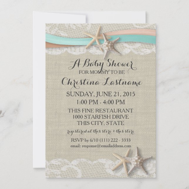 Starfish und Ribbon Aqua Peach Baby Dusche Einladung (Vorderseite)