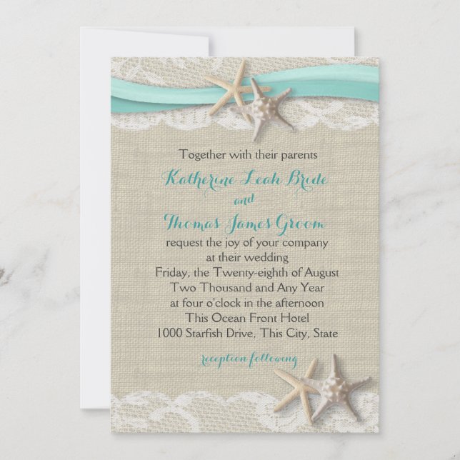 Starfish und Ribbon Beach Aqua Einladung (Vorderseite)