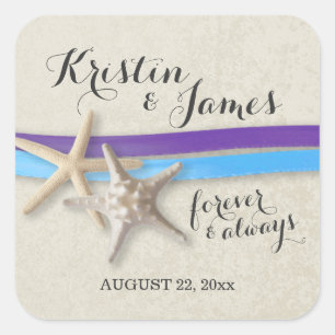 Starfish und Ribbon Lila und Blue Beach Quadratischer Aufkleber