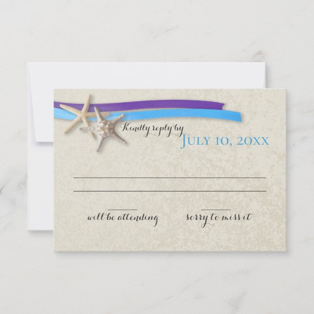 Starfish und Ribbon Lila und Blue Beach Response RSVP Karte (Vorderseite)