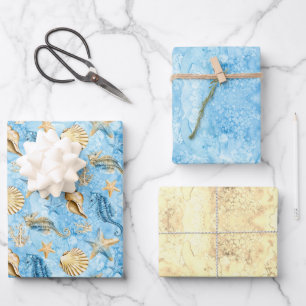 Starfish und Seepferde Blauer Ozean Sandfarbe Geschenkpapier Set