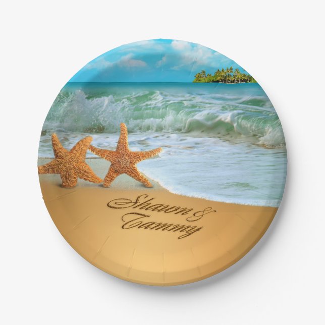 Starfish verbinden FRAGEN, UM IHRE NAMEN IN SAND Pappteller (Vorderseite)