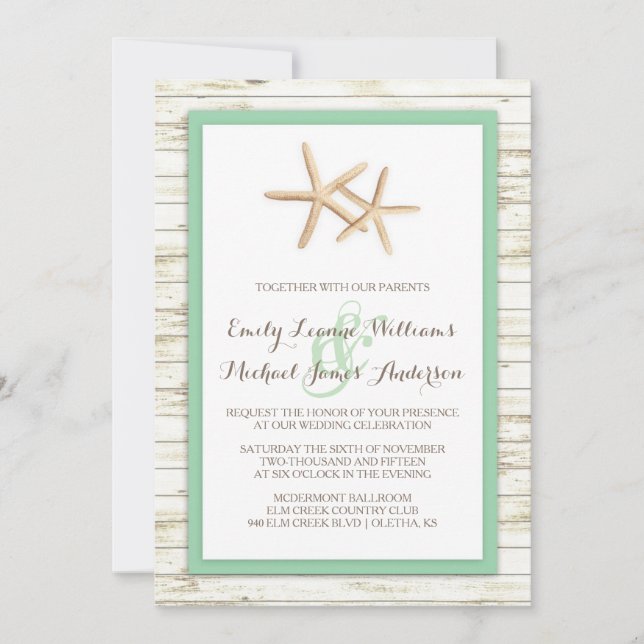 Starfish Whitewusch Wood Beach Hochzeit Einladung (Vorderseite)