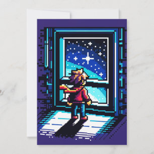 Stargazer beim Window Dreamy Pixel Art Night Sky Feiertagskarte