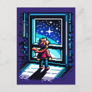 Stargazer beim Window Dreamy Pixel Art Night Sky Postkarte