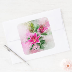 Stargazer Lily Blume Aquarell - wb 02 Quadratischer Aufkleber