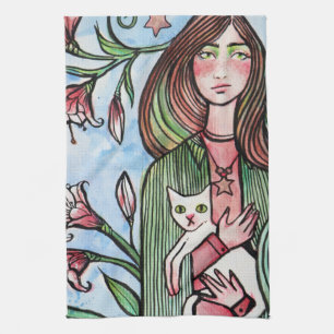 Stargazer Lily Goddess mit ihrer weißen Katze Geschirrtuch