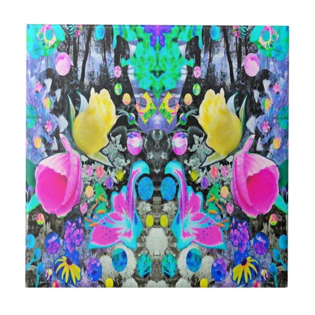 Stargazer Lily, Rose und Rosa Hibiskus Collage Fliese (Vorderseite)