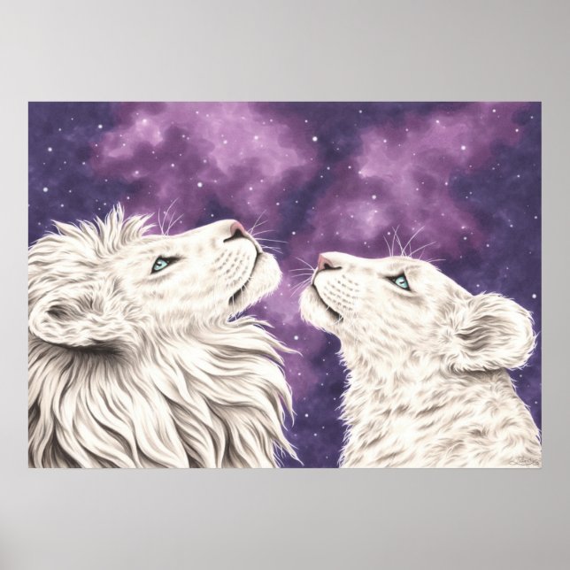 Stargazers Galaxy White Lion Couple Liebe Seeleute Poster (Vorne)
