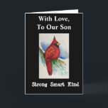 Starke Smart Kind Son Birthday Kardinal Card Karte<br><div class="desc">Senden Sie Ihrem Sohn einen kräftigen,  smarten und freundlichen roten Kardinal für einen Geburtstagswunsch. Die Karte ist ein gewagtes,  modernes Design,  das aus meiner Aquarellmalerei entworfen wurde,  um die realistischen Details des hübschen Vogels zu zeigen.</div>