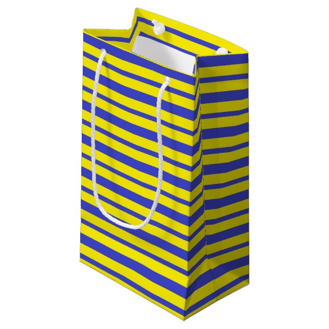 Starke und dünne blaue und gelbe Streifen Kleine Geschenktüte (Vorderseite Schrägansicht)