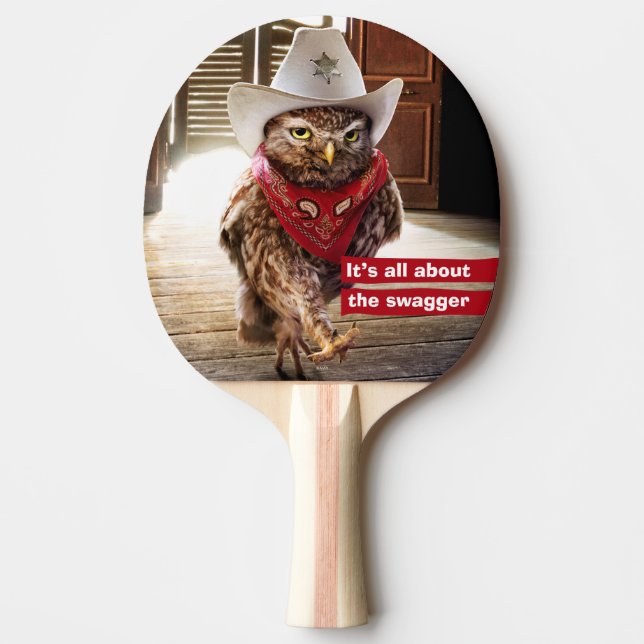 Starke Western-Sheriff-Eule mit Haltung u. Tischtennis Schläger (Vorderseite)