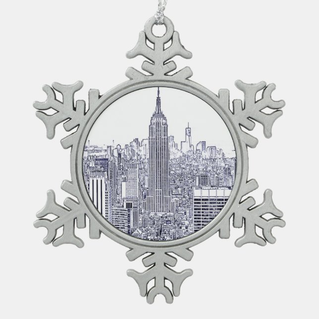 Starker Look NYC Skyline, Round-Frame Schneeflocken Zinn-Ornament (Vorderseite)