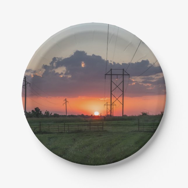 Starkstromleitungs-Sonnenuntergang-Landschaft Pappteller (Vorderseite)