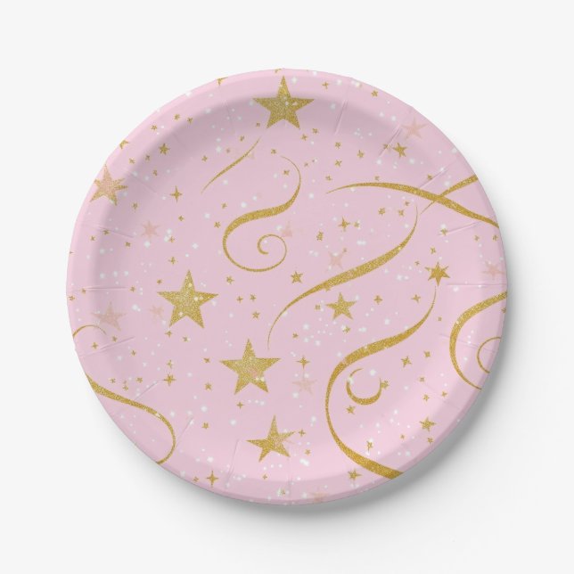 Starlight Blush - Pink & Gold Star Papierplatte Pappteller (Vorderseite)