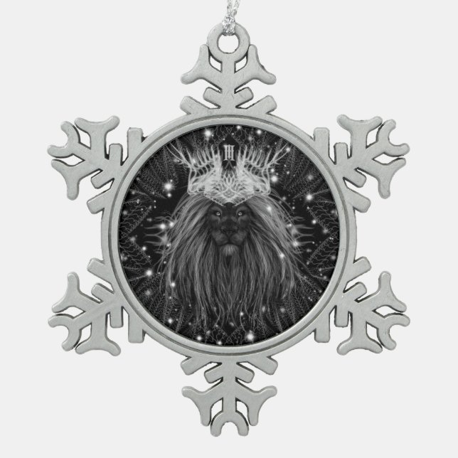 Starlight Lion mit Crosstramm Schneeflocken Zinn-Ornament (Vorderseite)