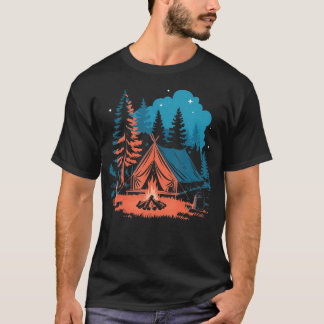 Starlit Camping Tent Campfire And Pine Trees Adven T-Shirt