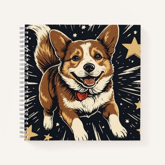 Starlit Corgi - Celestial Linocut Charm Notizbuch (Vorderseite)