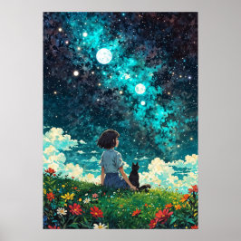 Starlit Reverie - Ein Mädchen und ihre Katze sitze Poster