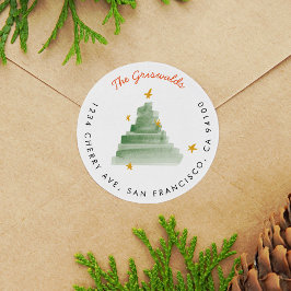 Starlit Watercolor Weihnachtsbaum Rücksendeadresse Runder Aufkleber