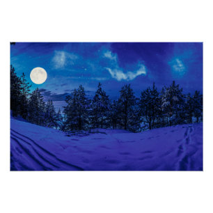 Starre Nacht mit Vollmond im Wald Poster