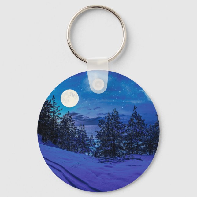 Starre Nacht mit Vollmond im Wald Schlüsselanhänger (Vorderseite)