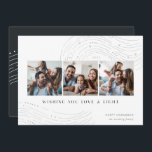 Starred Tidings | 3 Foto Collage Hanukkah Card Feiertagskarte<br><div class="desc">Schicken Sie Hanukkah-Grüße im schicken Stil mit diesen eleganten und modernen Foto-Collage-Karten mit drei quadratischen Fotos, die nebeneinander angeordnet sind und mit Line-gezeichnet Verzierungen an der Spitze und am Ende verziert sind. "Möchten Sie Liebe und Licht" erscheint unter der modernen Schrift, mit Ihrem "Happy Hanukkah" und Ihrem Familiennamen unten rechts....</div>