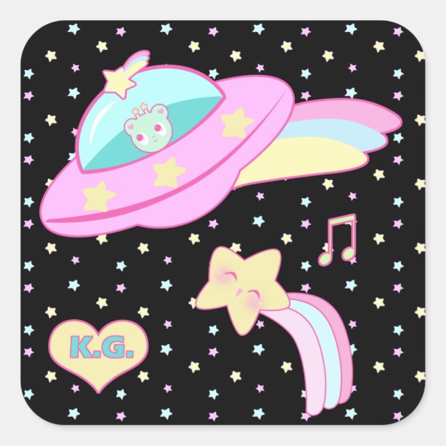 Starry Alien Space Ship Quadratischer Aufkleber (Vorderseite)