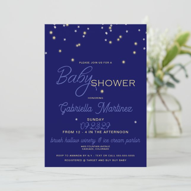 Starry Blue Baby Dusche Einladung (Stehend Vorderseite)