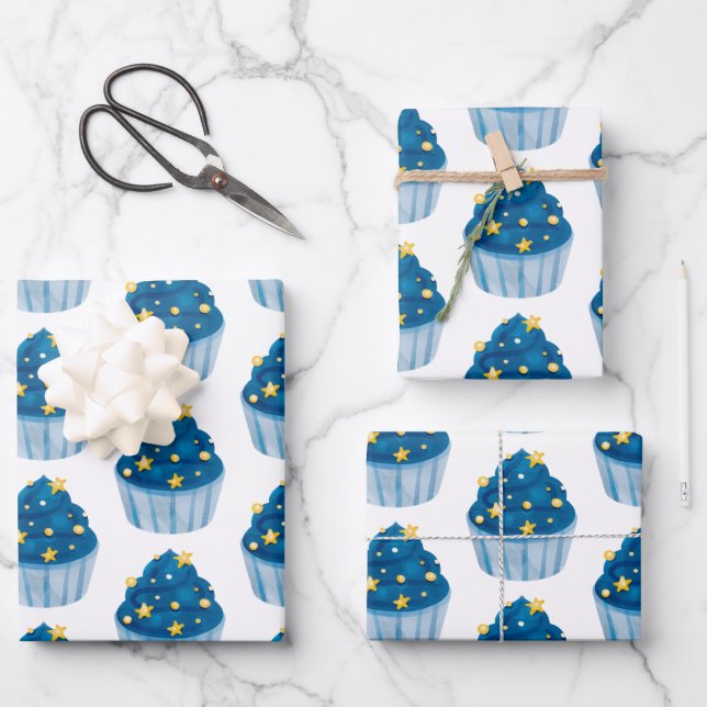 Starry Blue Cupcake Geschenk Wrap Fun & Festivals Geschenkpapier Set (Vorderseite)