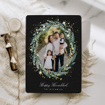 Starry Laurel | Hanukkah-Foto Folien Feiertagskarte<br><div class="desc">Senden Sie Hanukkah Grüße an Freunde und Familie in schicken Stil mit unseren eleganten Fotokarten. Ihr Lieblings-Vertikal- oder Portraitbild wird von einem ovalen Lorbeerkranz mit grünen Aquarellfarben-Eukalyptus-Blätter auf einem reichen schwarzen Hintergrund gerahmt,  der mit goldenen Folienstars betont wird. Personalisieren Sie mit Ihren individuellen Urlaubsgrüßen und Namen unten.</div>