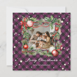 Starry Lila Kariertes Foto Frohe Weihnachtskarte Feiertagskarte