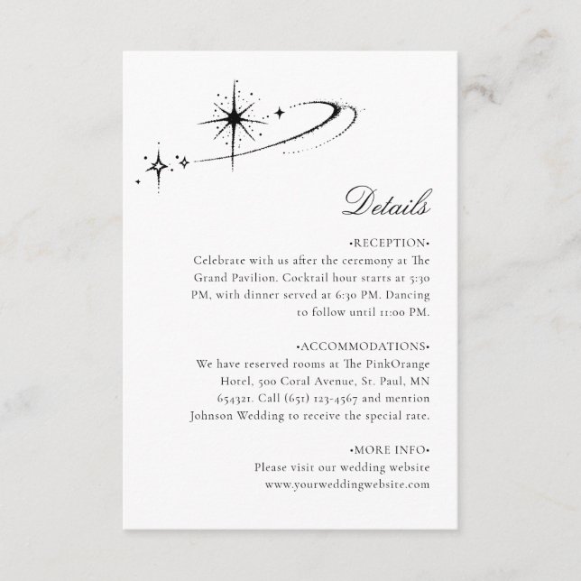 Starry Minimalist Celestial Wedding Details Begleitkarte (Vorderseite)