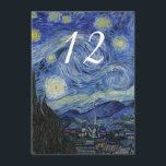 Starry Nachthochzeits-Empfangs-Tischnummer Einladung<br><div class="desc">Bunte Hochzeits-Empfangs-Tischnummerkarte,  mit der Malerei der feinen Kunst von Starry Nacht Vincents van Goughs. Personifizieren Sie die weiße Zahl für jede Tabelle an Ihrem Empfang.  Zusammenpassende Hochzeitsprodukte sind verfügbar.</div>