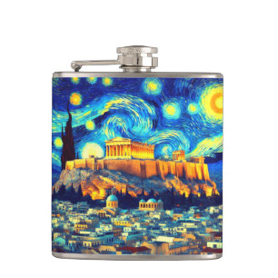 Starry Night Acropolis Athen Griechenland Flachmann