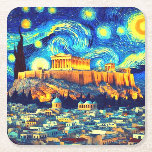 Starry Night Acropolis Athen Griechenland Rechteckiger Pappuntersetzer (Vorderseite)