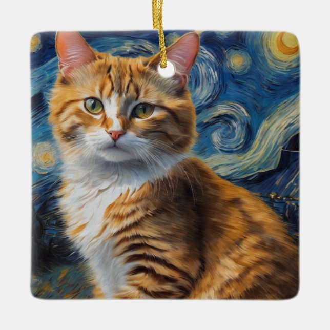 Starry Night Art mit Katze Keramikornament (Vorderseite)