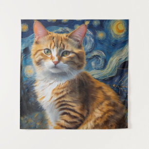 Starry Night Art mit Katze Wandteppich