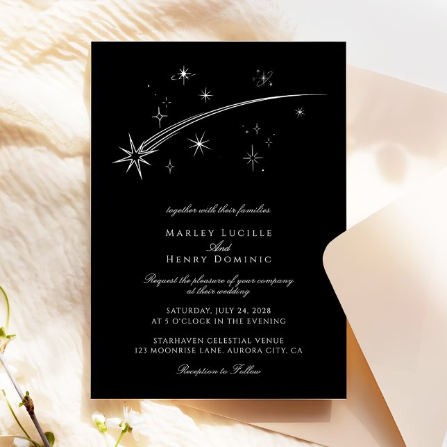 Starry Night Black and White Celestial Wedding Einladung (Von Creator hochgeladen)