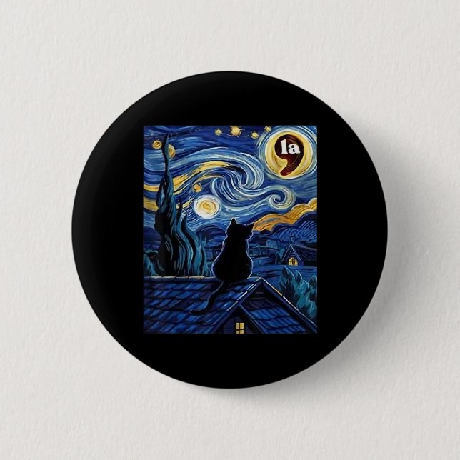 Starry Night Black Cat Comma La Kamala Harris 2 Button (Vorderseite)