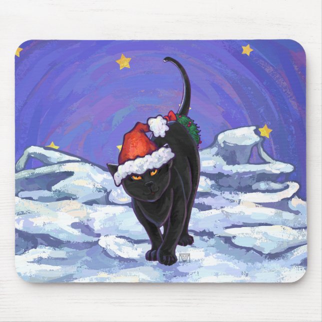 Starry Night Black Cat Weihnachten Mousepad (Vorne)