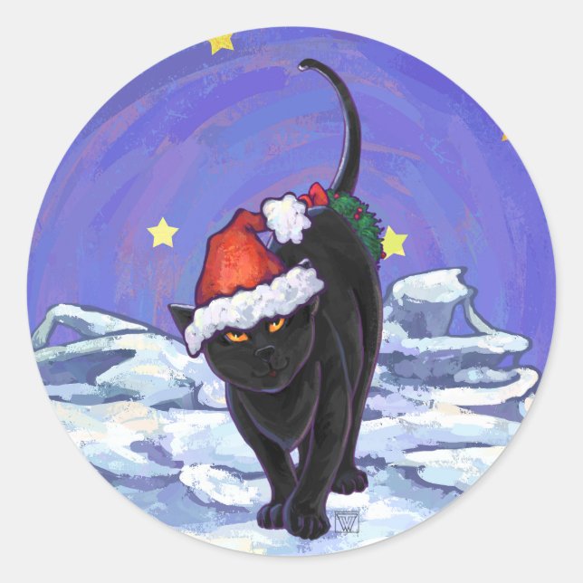Starry Night Black Cat Weihnachten Runder Aufkleber (Vorderseite)