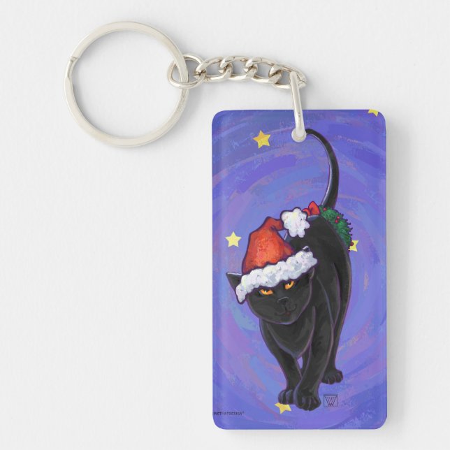 Starry Night Black Cat Weihnachten Schlüsselanhänger (Vorderseite)