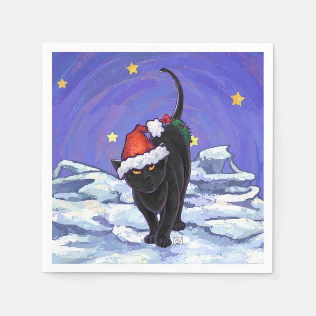 Starry Night Black Cat Weihnachten Serviette (Vorderseite)